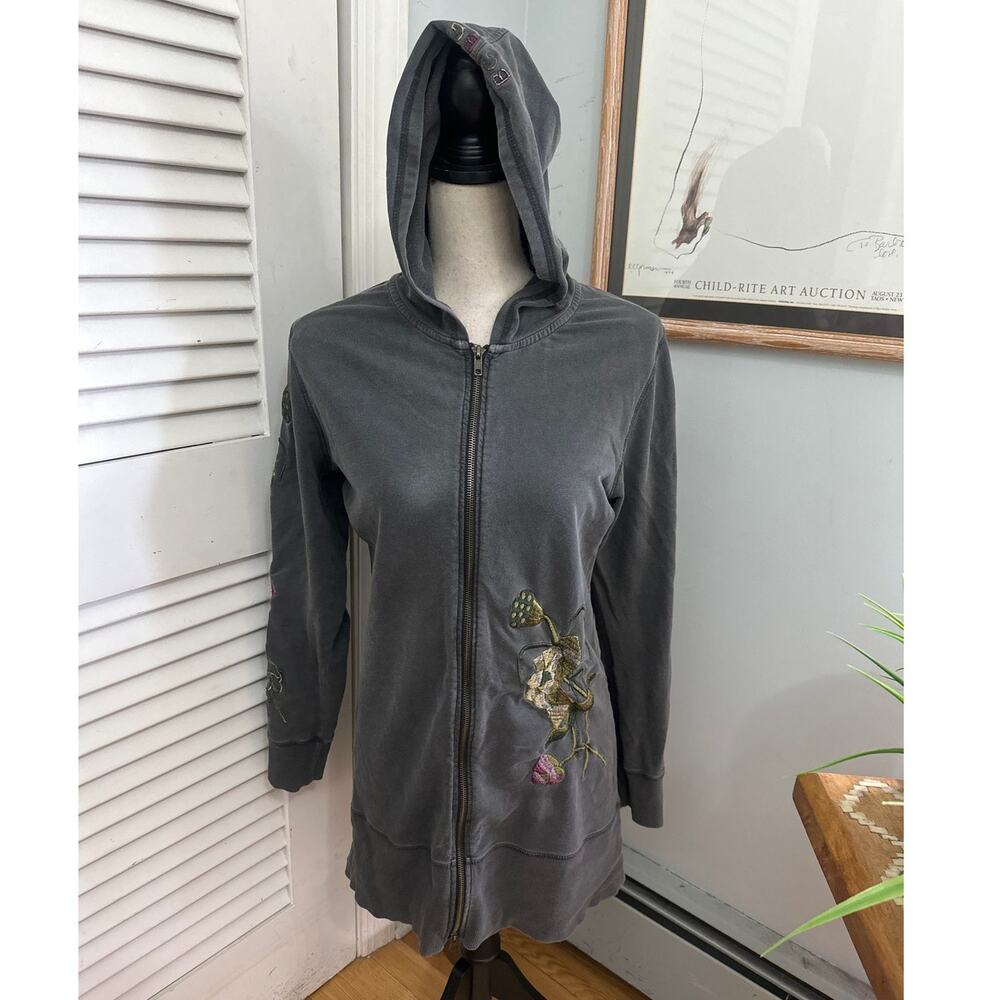Vintage BCBGMaxazria Hoodie Large Gray Embroidered Long Line Y2K Indie Grunge